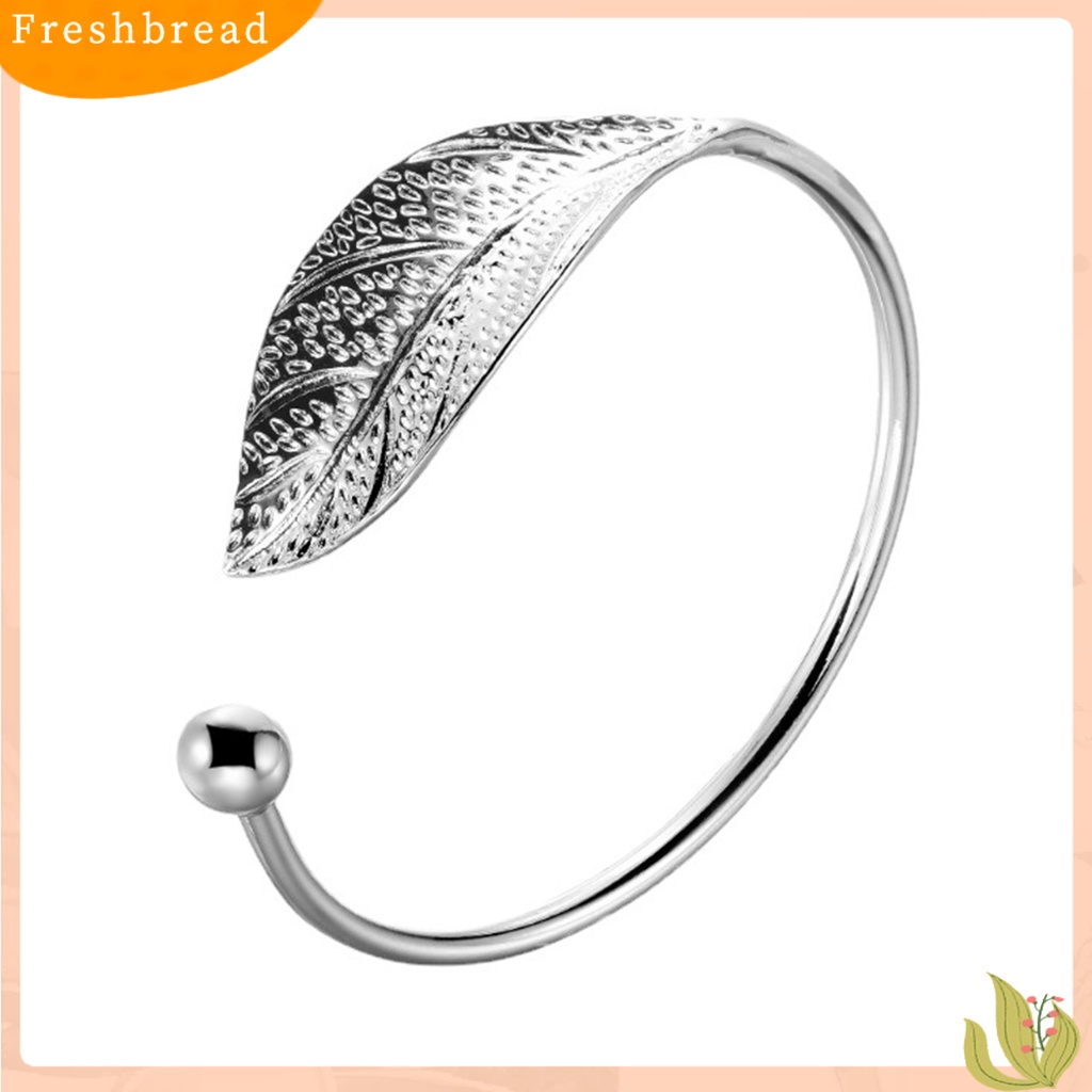 &lt; Freshbread &gt; Gelang Daun Sederhana Bersinar Adjustable Pembukaan Ujung Perak Disepuh Hias Hadiah Wanita Leaf Bangle Wrist Cuff Jewelry Untuk Pernikahan