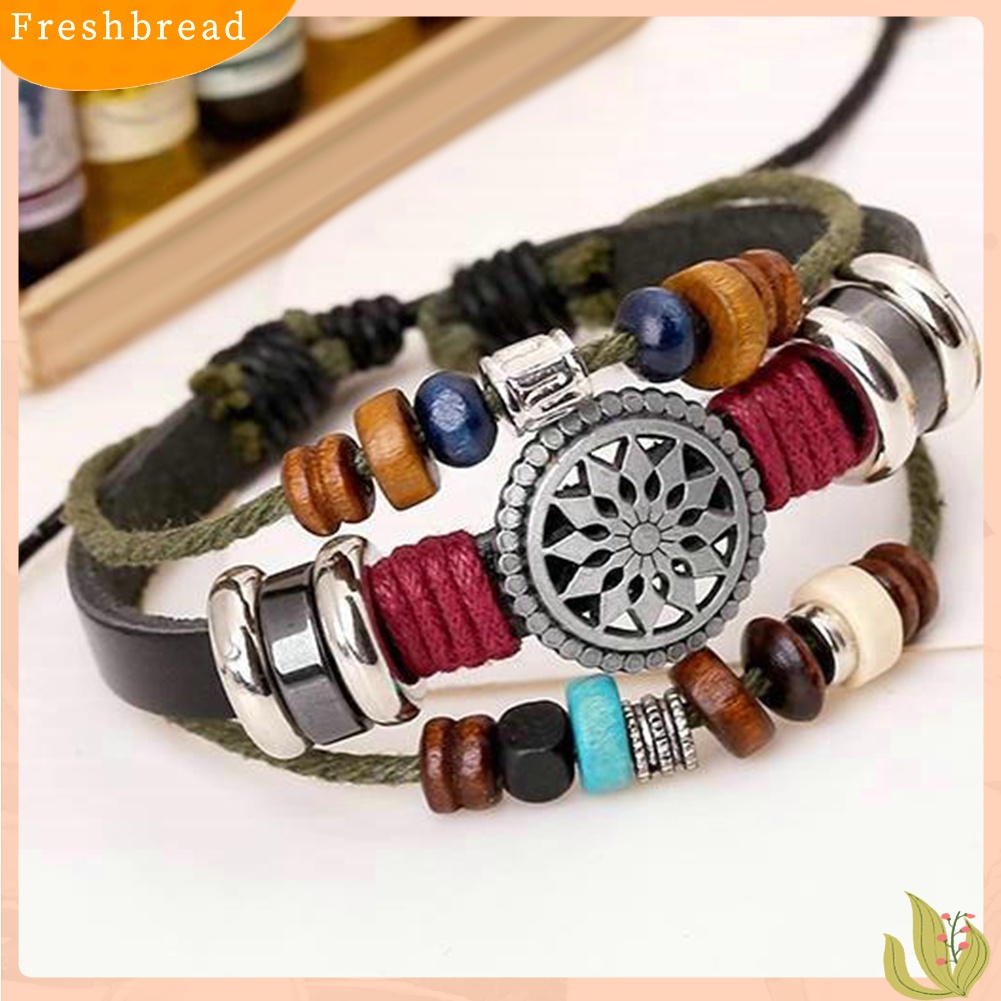 &lt; Freshbread &gt; Boho Wanita Multi Layer Manik-Manik Anyaman Tali Kulit Gelang Adjustable Jewelry