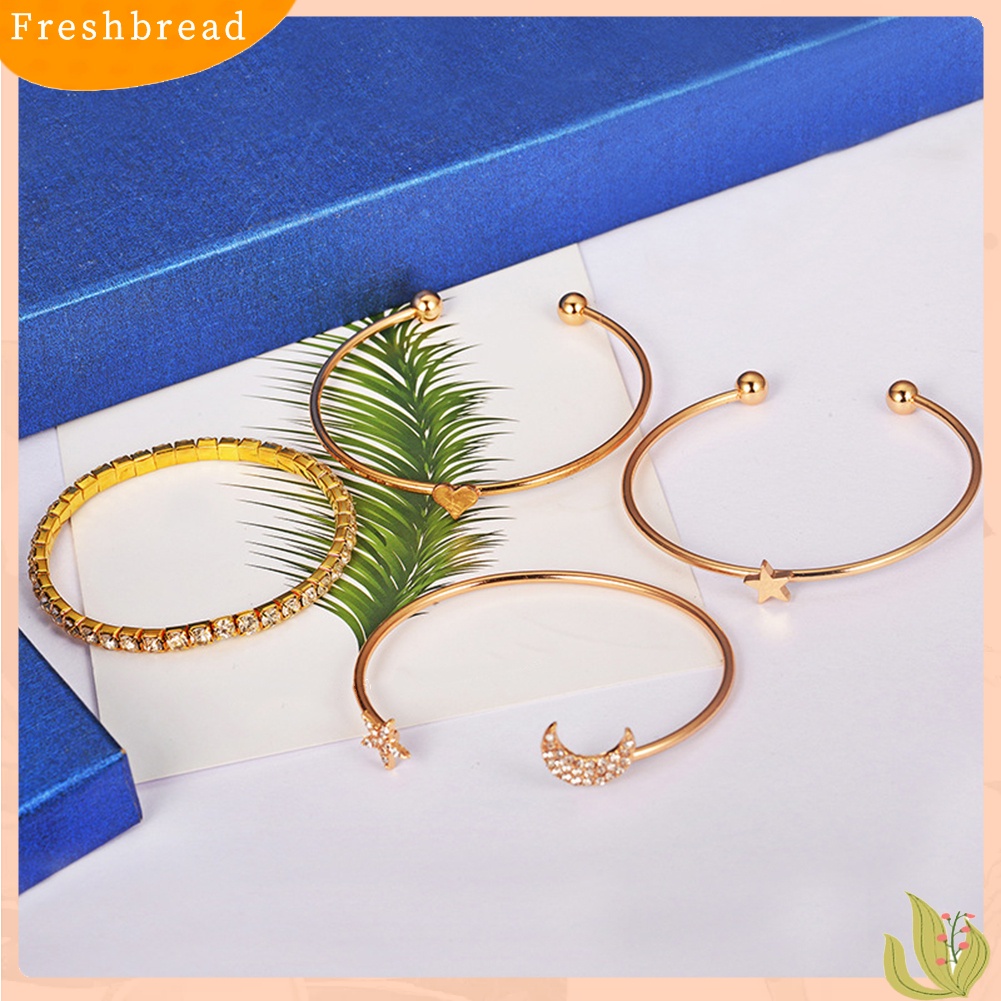 &lt; Freshbread &gt; 4Pcs/Set Bulan Bintang Hati Pesona Berlian Imitasi Bertatahkan Gelang Wanita Bangle Jewelry