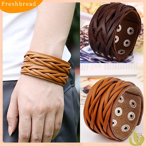 &lt; Freshbread &gt; Wanita Pria Gaya Punk Keren Kulit Bangle Rajut Manset Lebar Handmade Gelang