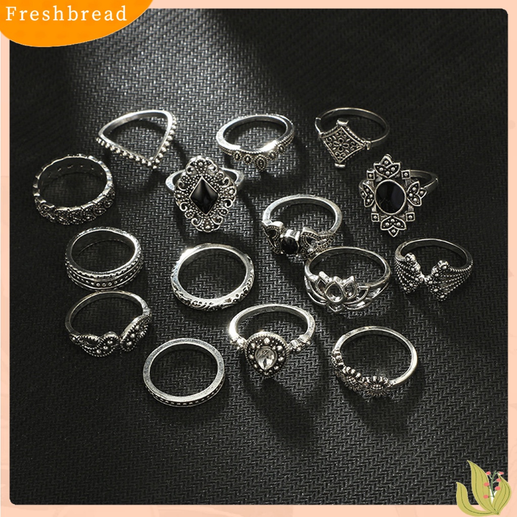 &lt; Freshbread &gt; 15Pcs Cincin Wanita Gaya Bohemian Berlian Imitasi Bertatahkan Perhiasan Tidak Luntur Pembukaan Cincin Untuk Kehidupan Sehari-Hari