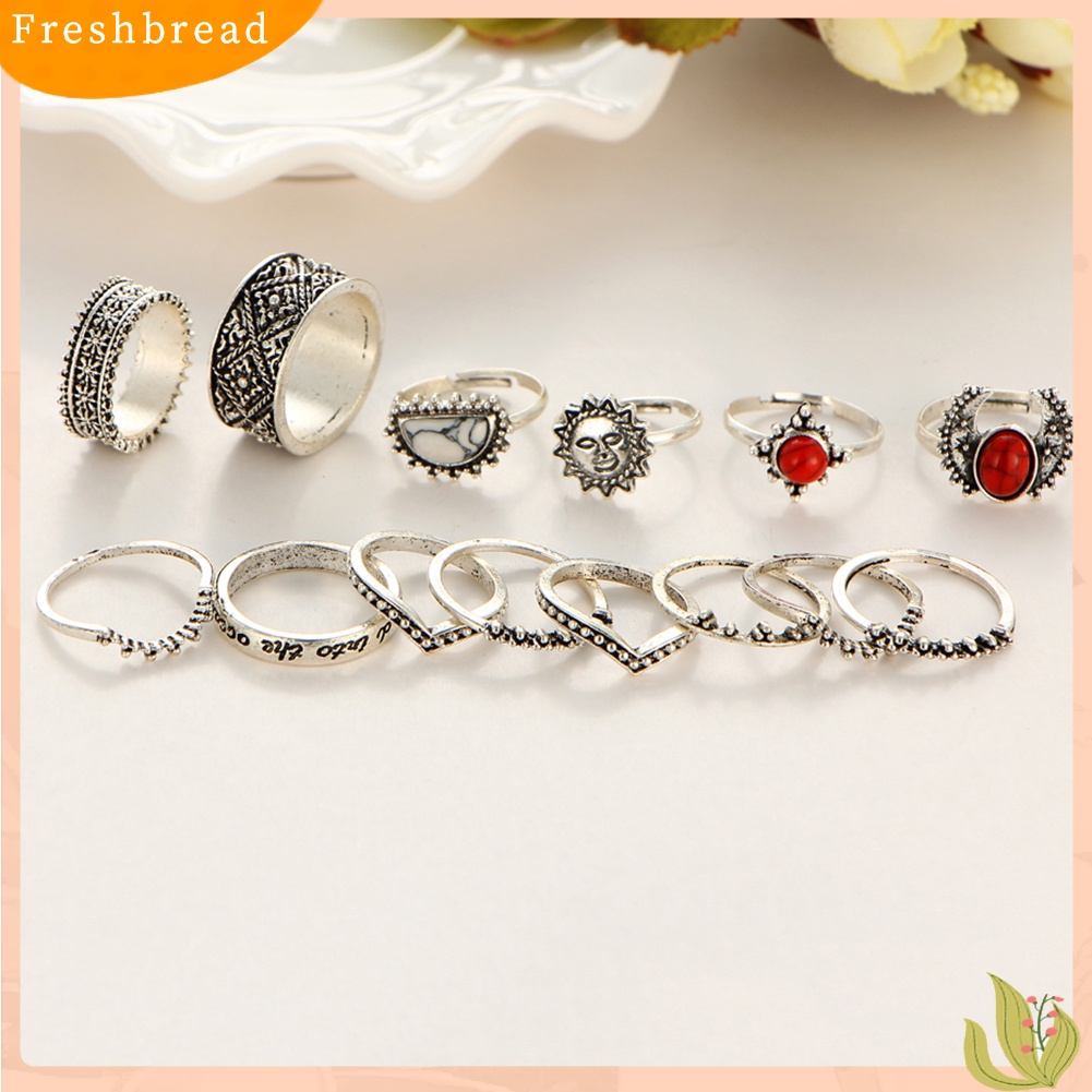 &lt; Freshbread &gt; 14 Pcs Wanita Punk Vintage Merah Turquoise Perhiasan Midi Knuckle Rings Set Hadiah