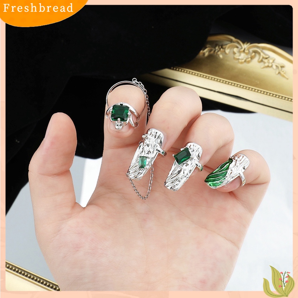 &lt; Freshbread &gt; 4Pcs Cincin Kuku Permata Imitasi Hijau Dress Up Perhiasan Pembukaan Adjustable Finger Rings Untuk Club