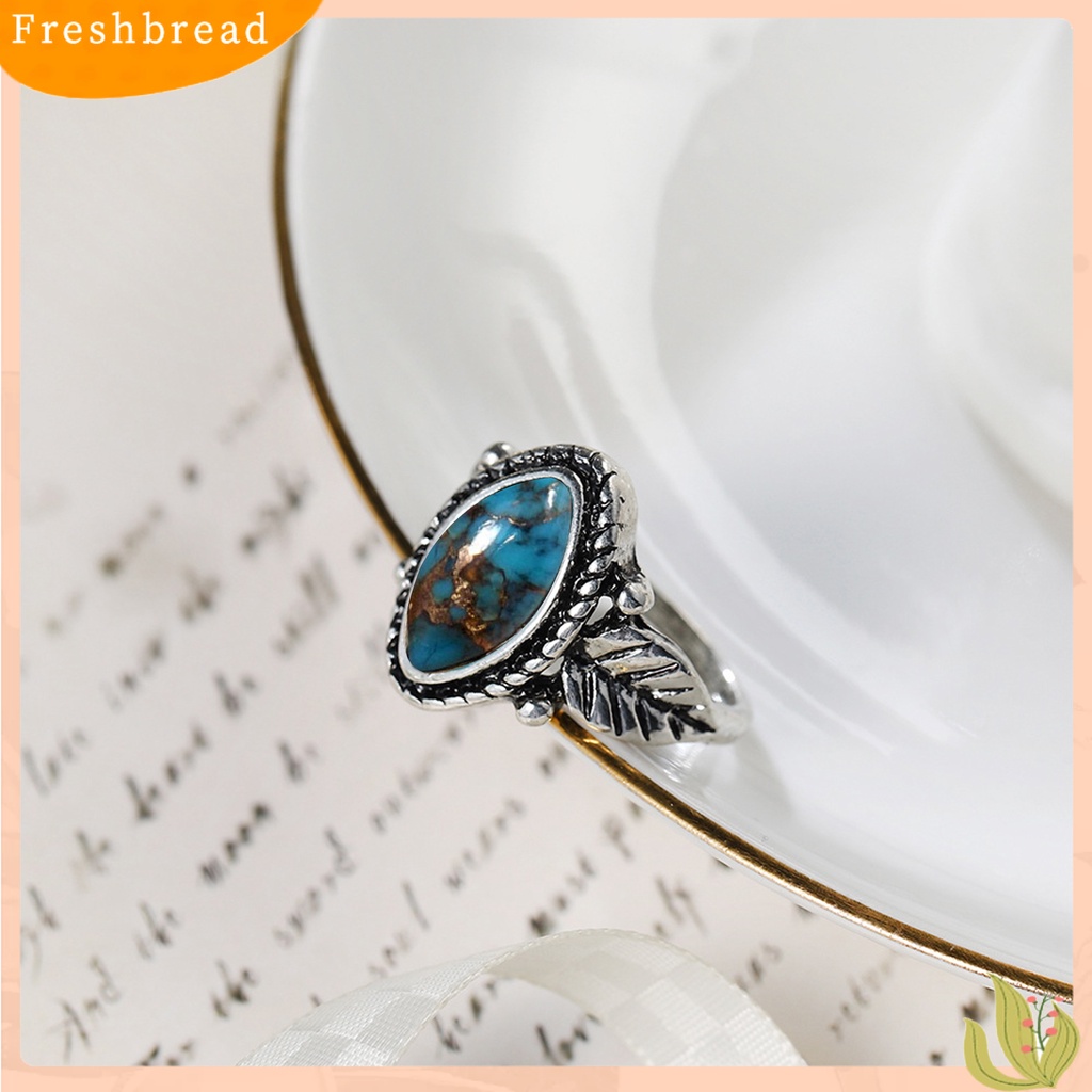 &lt; Freshbread &gt; Wanita Cincin Indah Imitasi Pirus Portabel High-end Vintage Hias Anti Karat Bentuk Daun Unisex Pria Buku Jari Cincin Hadiah Ulang Tahun