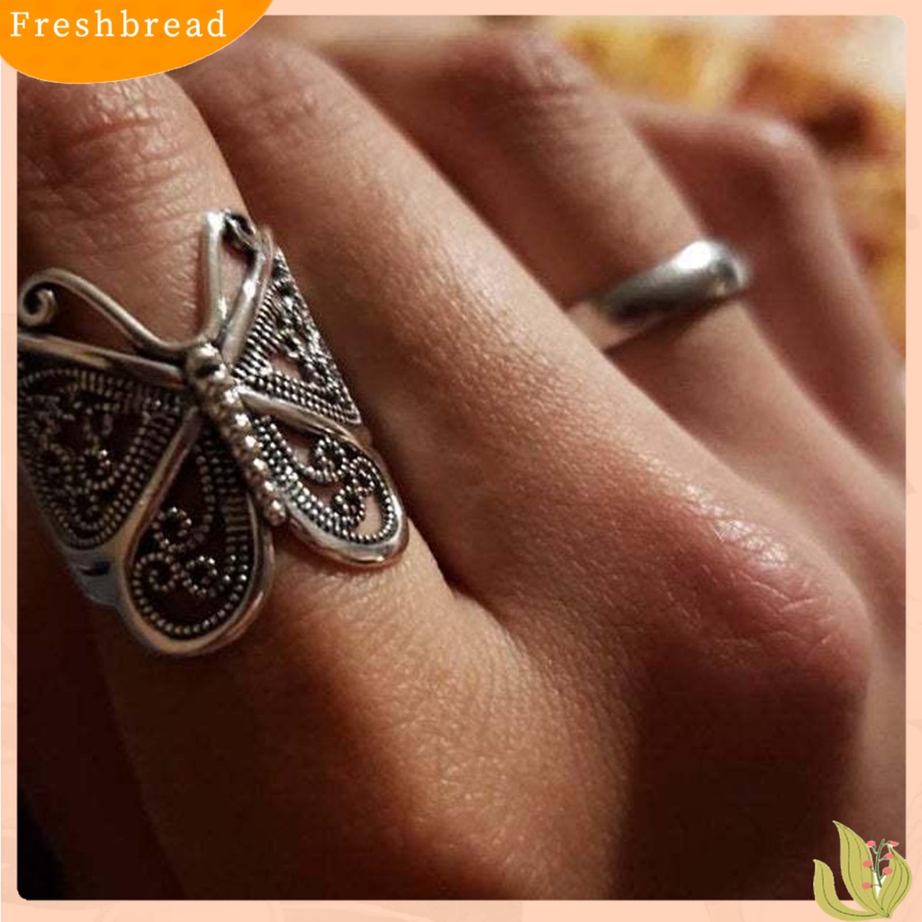 &lt; Freshbread &gt; Wanita Cincin Ukir Elegan Hypoallergenic Warna Emas Perak Retro Kupu-Kupu Jari Cincin Perhiasan Fashion