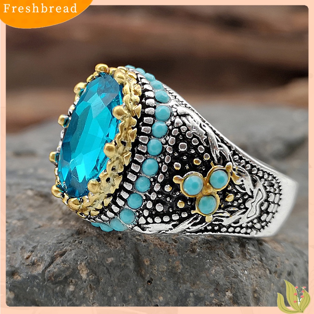 &lt; Freshbread &gt; Pria Cincin Biru Berlian Imitasi Imitasi Pirus Berkilau Vintage Pernikahan Band Cincin Perhiasan Hadiah