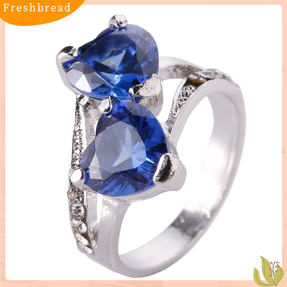 &lt; Freshbread &gt; Fashion Wanita Mewah Cubic Zirconia Berlian Imitasi Bertatahkan Cinta Ganda Cincin Hati