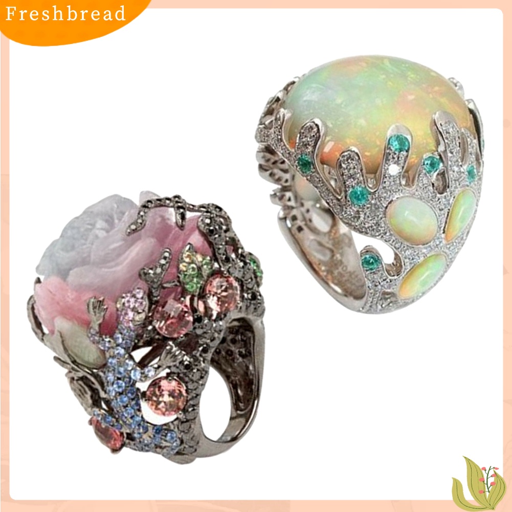 &lt; Freshbread &gt; Wanita Multicolor Oval Besar Faux Moonstone Ukir Bunga Jari Cincin Perhiasan