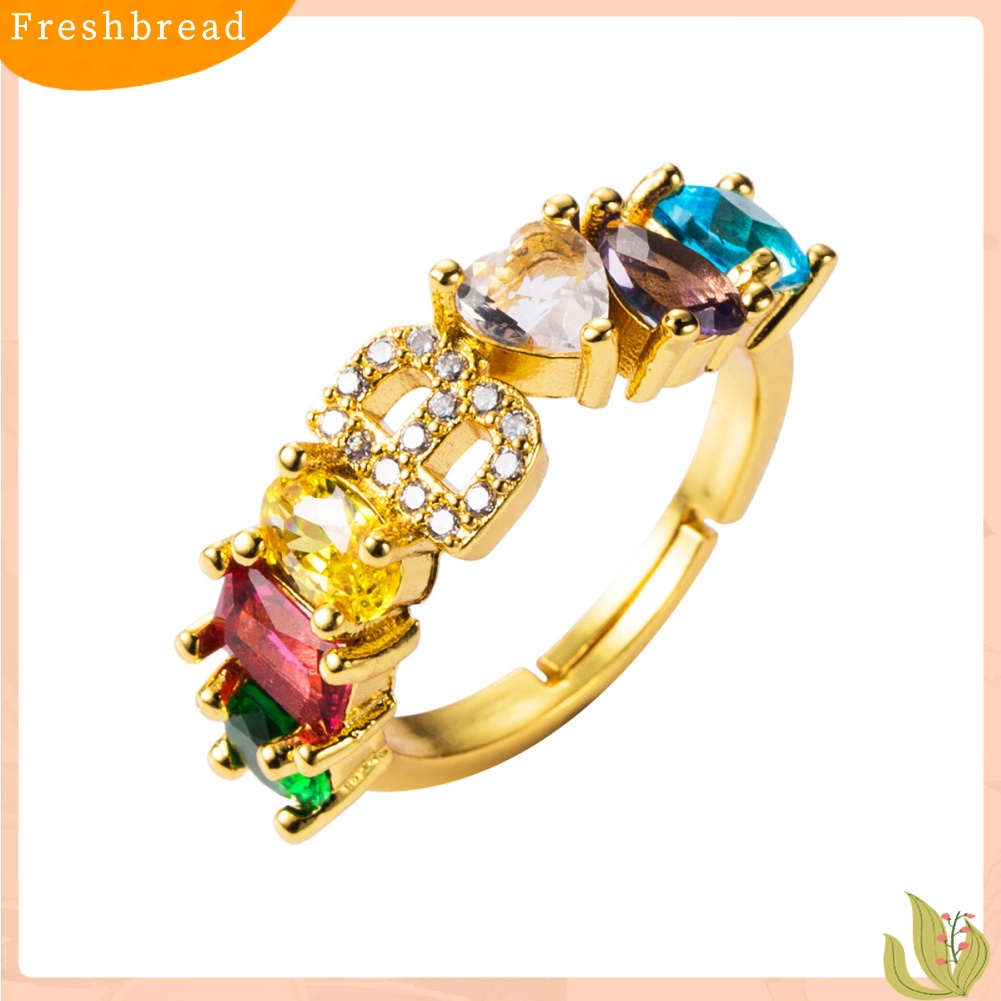 &lt; Freshbread &gt; Unisex Rainbow Cubic Zirconia Bertatahkan Surat Terbuka Cincin Adjustable Perhiasan Hadiah