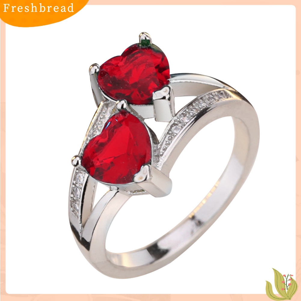 &lt; Freshbread &gt; Wanita Fashion Ganda Bentuk Hati Cubic Zirconia Hias Jari Cincin Perhiasan Hadiah