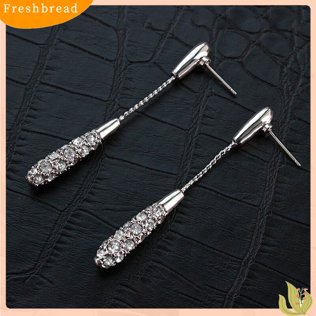 &lt; Freshbread &gt; 1pasang Anting Wanita Panjang Berlian Imitasi Mengkilap Hias Bentuk Kolom Rantai Drop Earrings Hadiah Ulang Tahun