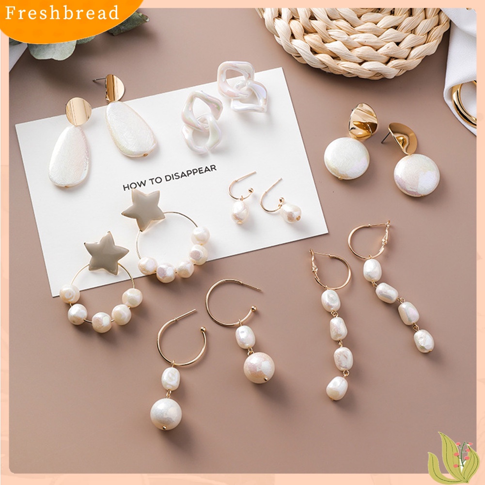 &lt; Freshbread &gt; Vintage Wanita Faux Pearl Shell Geometris Menjuntai Drop Anting Pesta Perhiasan Hadiah