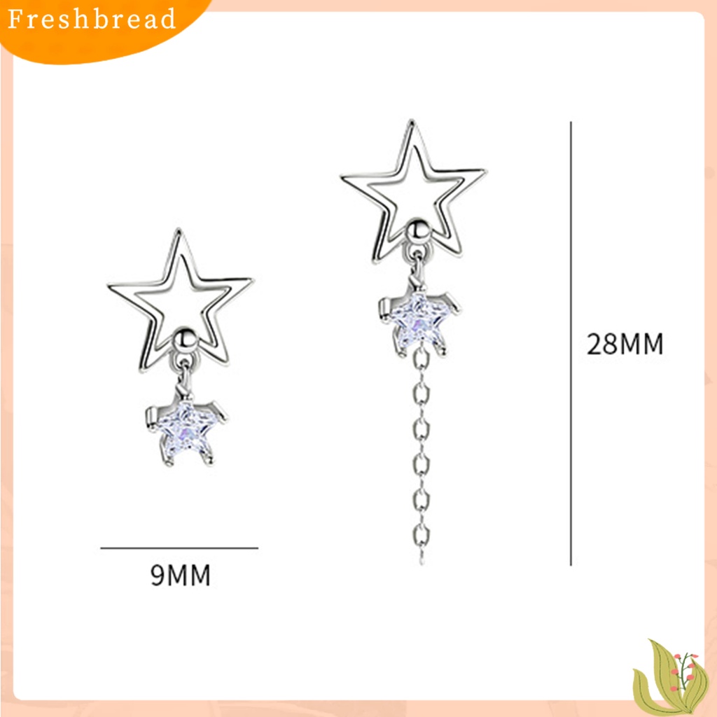 &lt; Freshbread &gt; 1pasang Ear Studs Rantai Bintang Berongga Rumbai Tidak Teratur Warna Emas/Perak Cubic Zirconia Tertanam Bintang Drop Anting-Anting Perhiasan Fashion