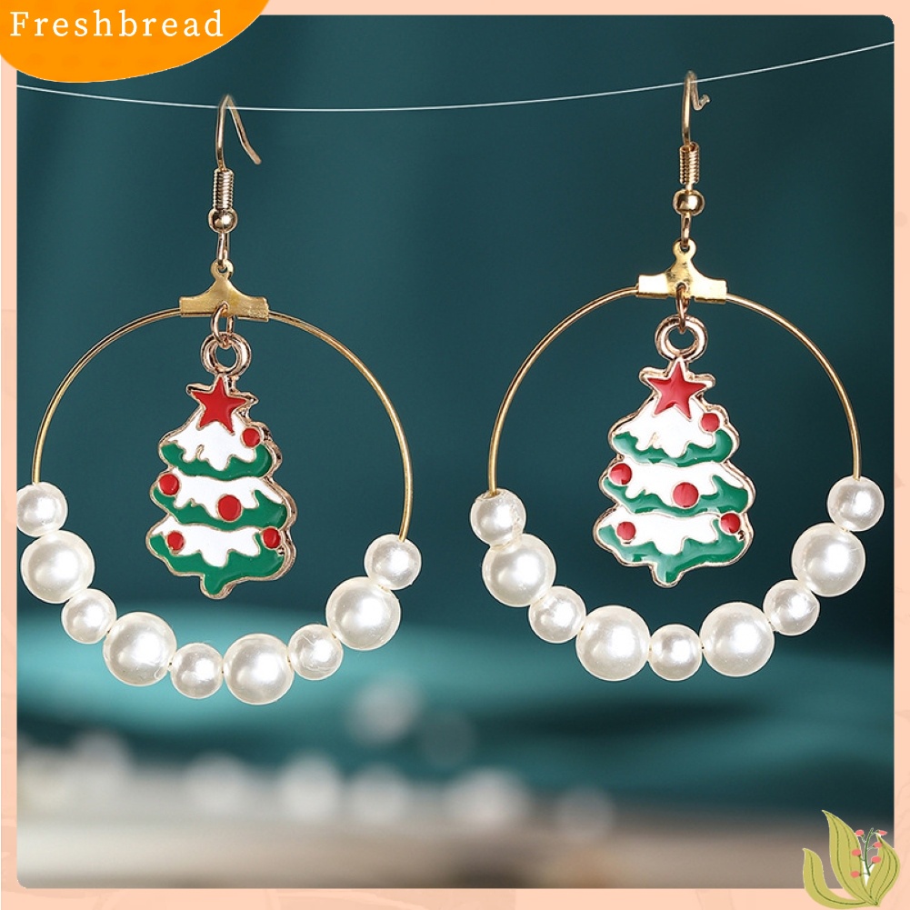 &lt; Freshbread &gt; Wanita Pohon Natal Elk Eardrop Mutiara Imitasi Geometris Hoop Earrings Hadiah Xmas