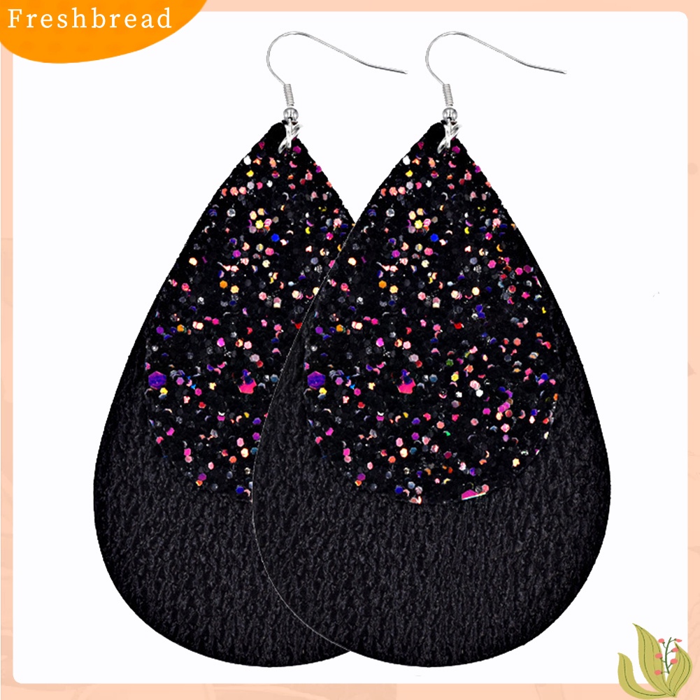 &lt; Freshbread &gt; Glitter Sequin Teardrop Kulit Imitasi Drop Menjuntai Pernyataan Wanita Anting Kait