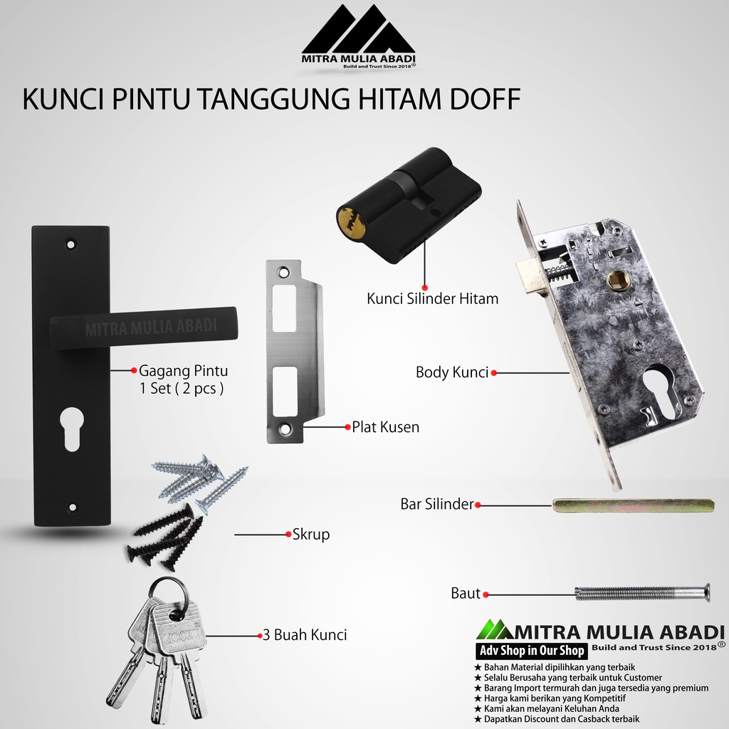 KUNCI PINTU TANGGUNG 20 cm | HITAM DOFF | Fullset