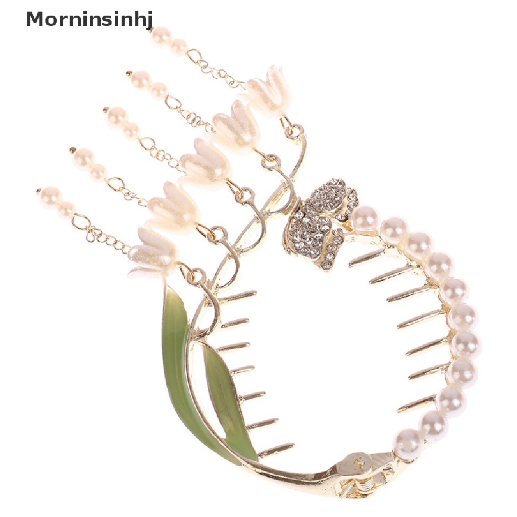 Mornin Fashion Anggrek Rumbai Hair Claw Clamp Berlian Imitasi Pearl Claw Clip Untuk Wanita id