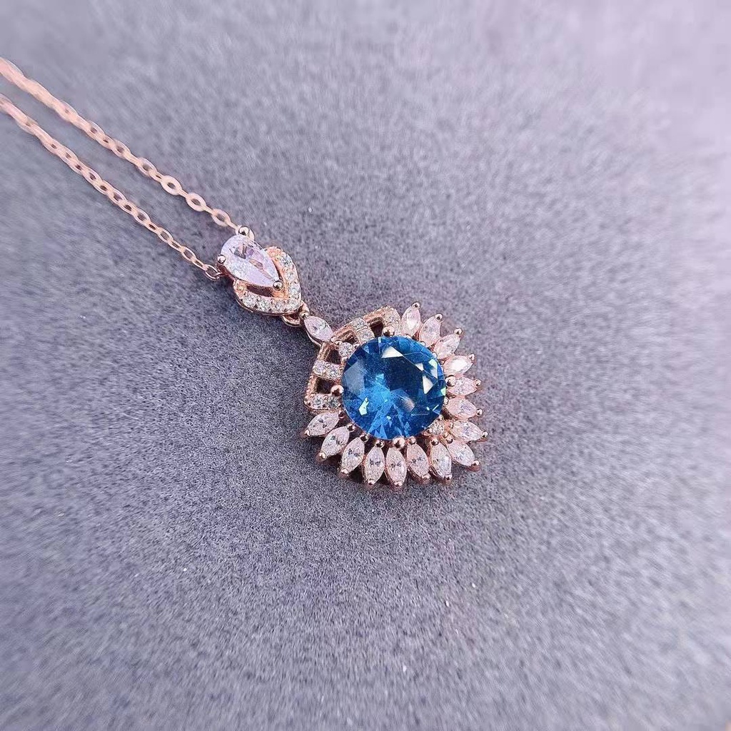 Goldkingdom Aksesoris Perhiasan Fashion Ready Stock Cahaya Mewah Premium Color Treasure Necklace Ocean Heart Necklace Plated With Rose Gold Natural London Blue Topaz Pendant