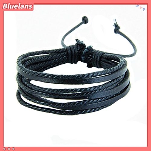 {In Stock} Pria Wanita Multilayer Kulit Imitasi Tali Kepang Adjustable Gelang Bangle