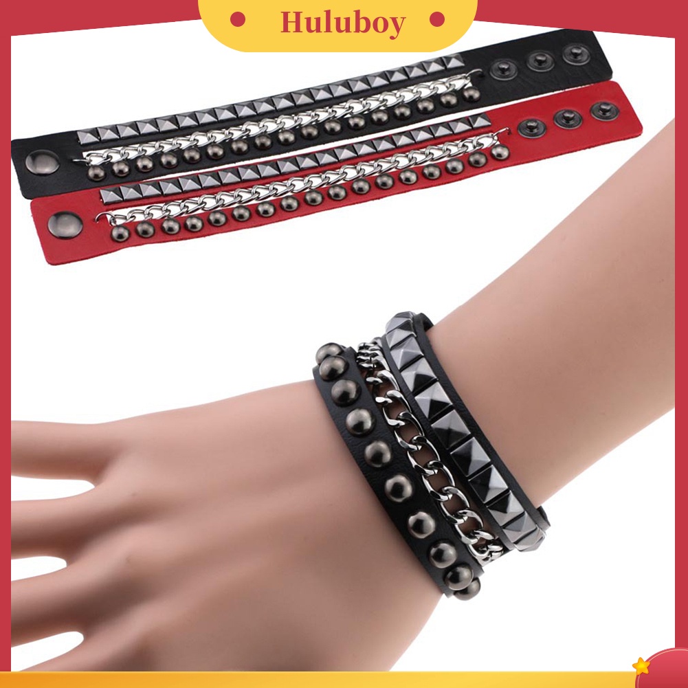 {Ready Stock} Gelang Rivet Punk Rock Lapis Wanita Bertabur Kulit Imitasi Rantai Logam Bangle