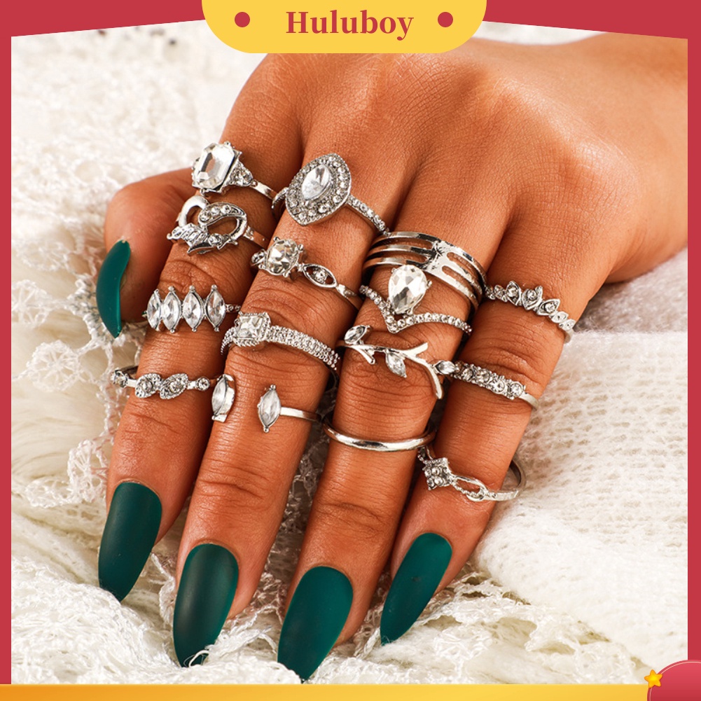 {Ready Stock} 15Pcs/Set Boho Wanita Berlian Imitasi Daun Hati Geometris Jari Cincin Perhiasan Hadiah