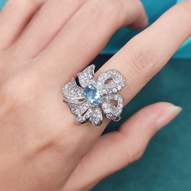 Goldkingdom Aksesoris Perhiasan Fashion Ready Stock Topaz Biru Langit Alami Multi Layer Dibungkus Cincin Bunga