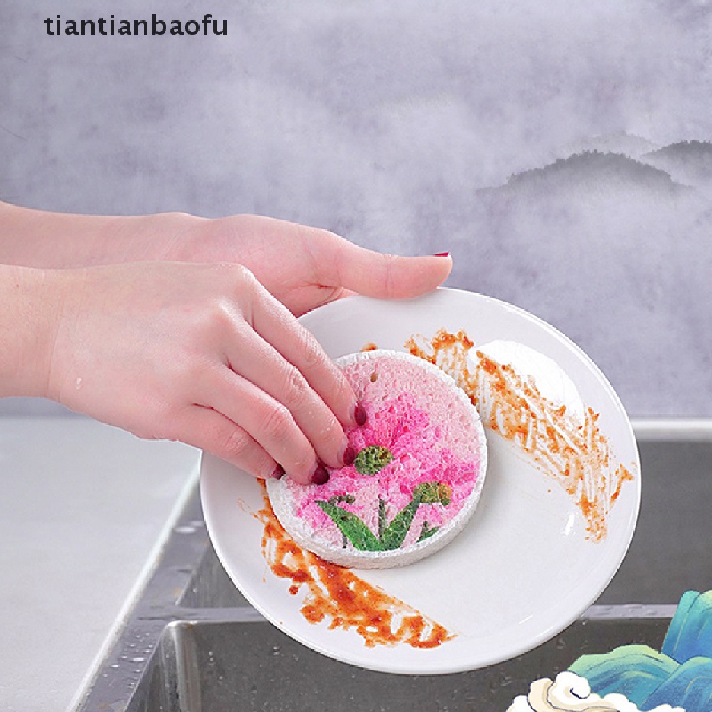 [tiantianbaofu] Kawaii Wood Pulp Sponge Pads Tali Bunga Dapur Piring Panci Alat Makan Butik