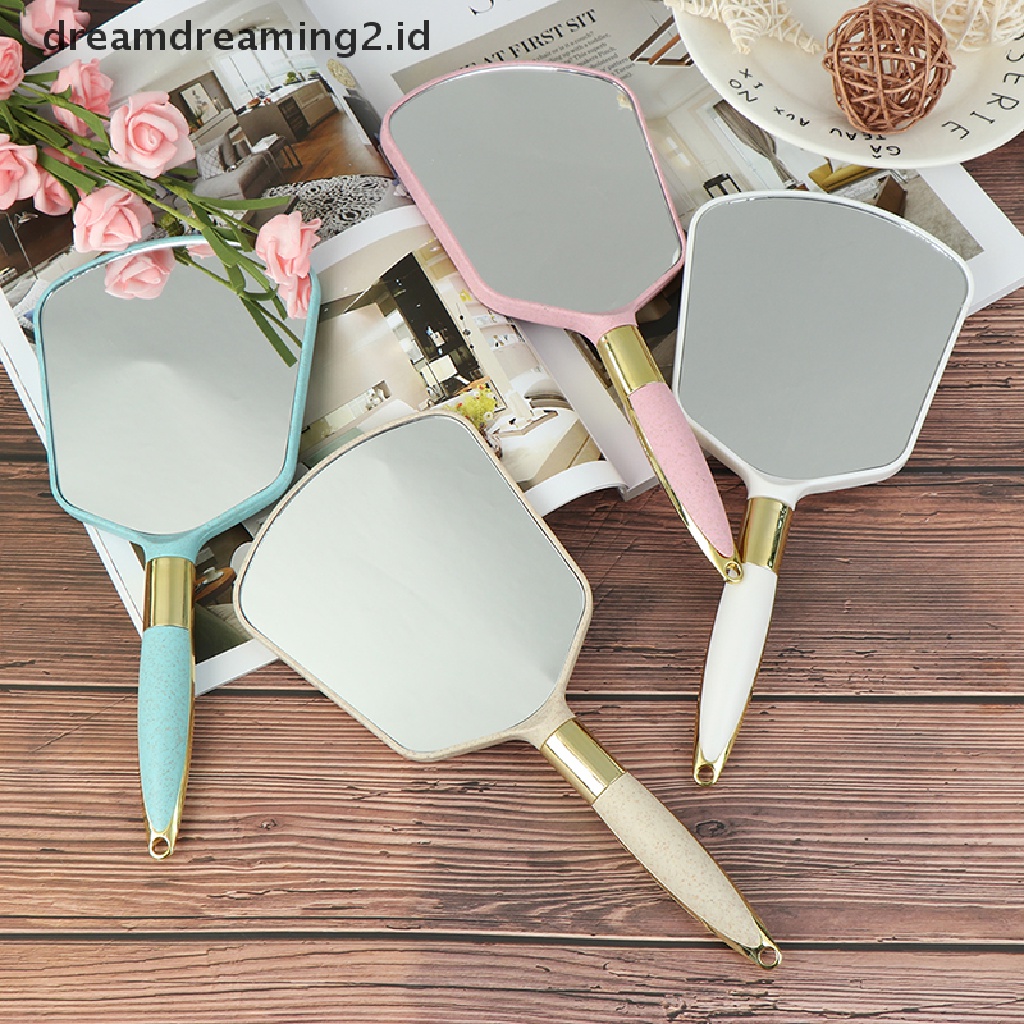 (hot) Kaca Cermin Tangan Vintage Plastik Makeup Vanity Mirror Persegi Panjang Pegang Cermin Kosmetik//