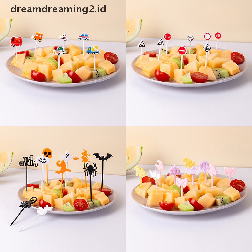 (hot) 6 /8/10pcs Garpu Buah Kastil Mobil Kartun Dessert Bento Dekorasi Pesta//