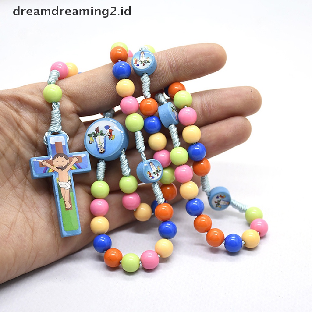 (hot) Kalung Liontin Salib Kartun Kid Rosario Beads Perhiasan Religi Katolik//