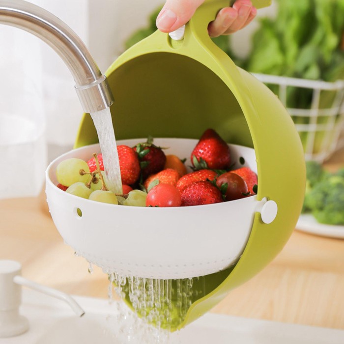 Baskom Saringan Masak Pembersih Buah Sayur Beras Rolling Colander 2in1