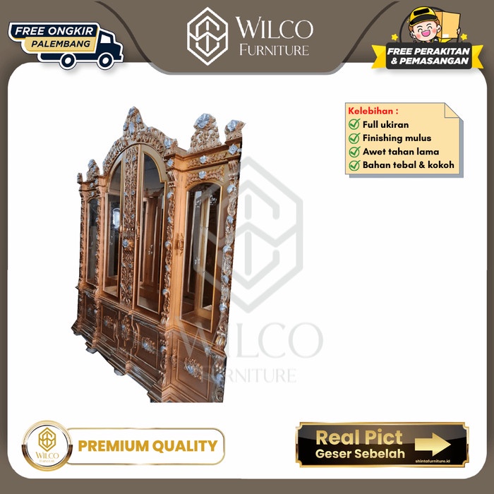 Lemari Kaca Hias Sima Jati Ukir Jepara 4 Pt / Lemari Pajangan Jati PLG