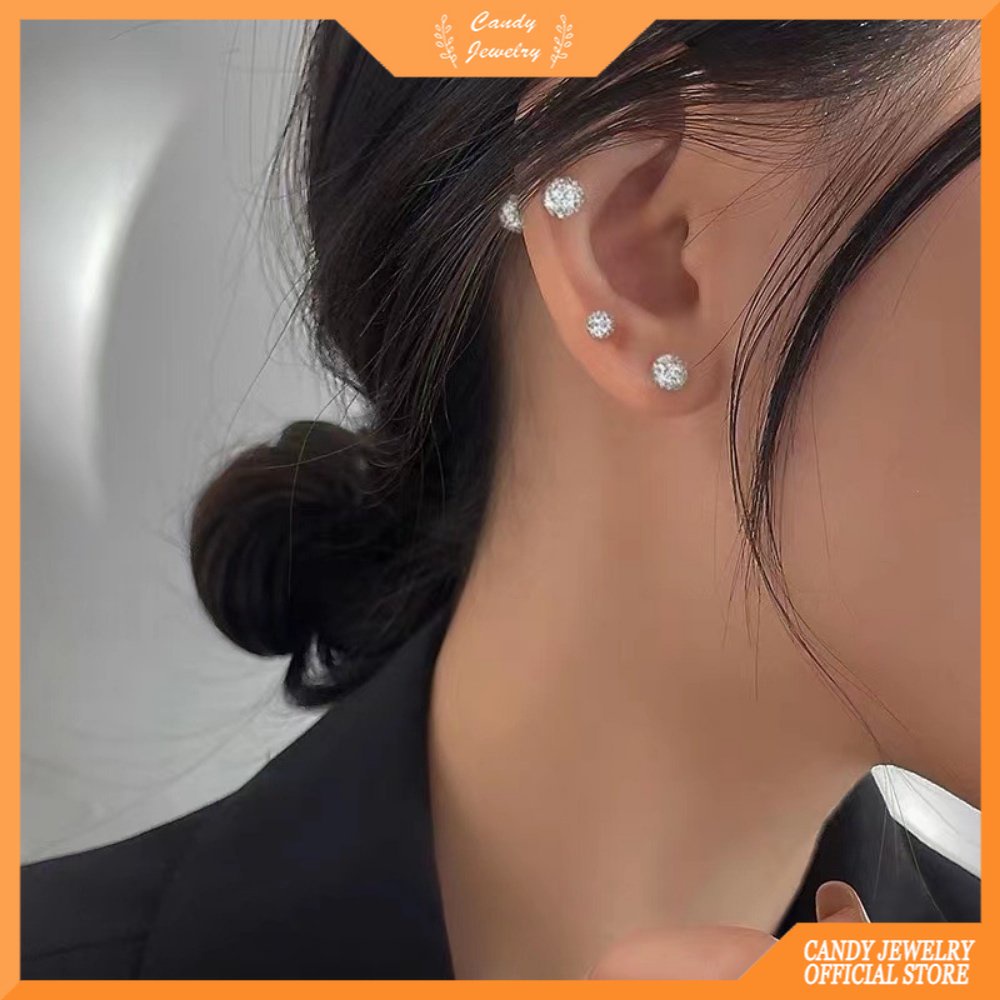 925 Perak Super Flash Bola Berlian Anting-Anting Berkepala Ganda Perempuan Desain Trendi High-end Mini Ganda Bola Sekrup Anting-Anting Permen Perhiasan