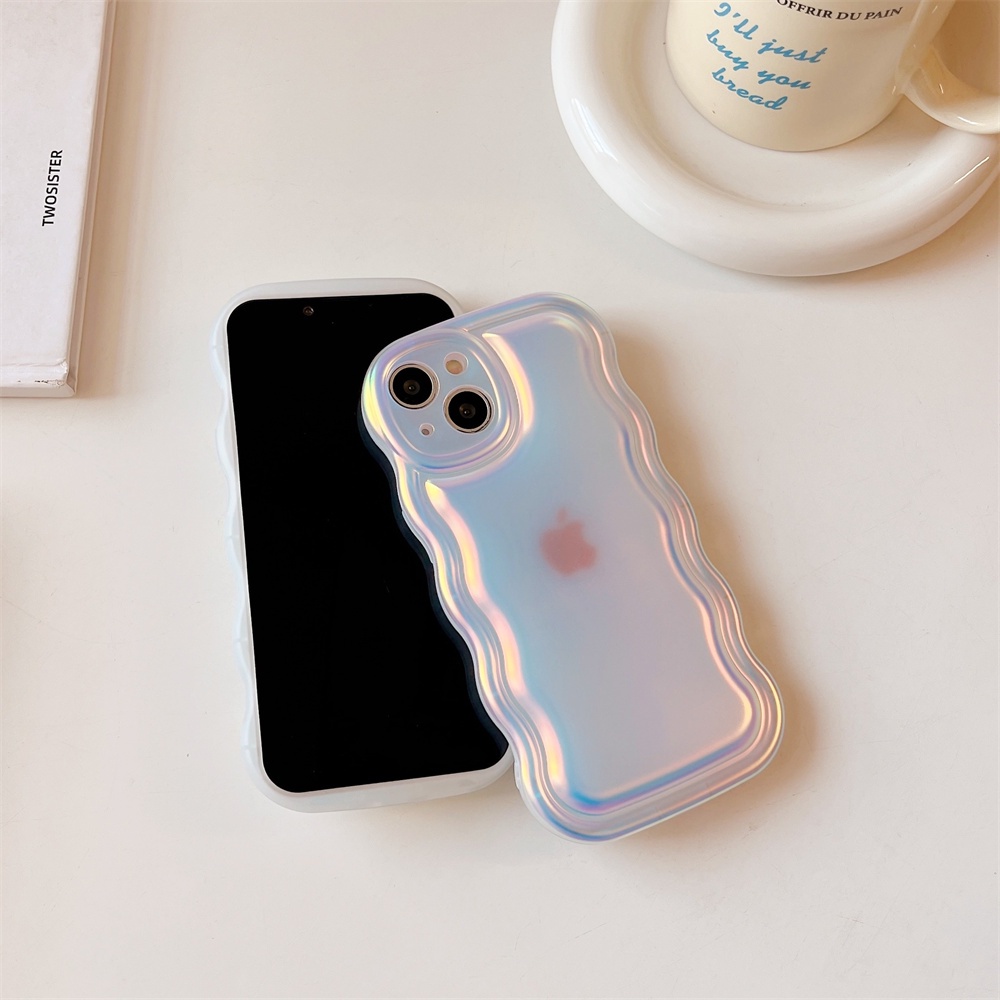 IPHONE Casing Ponsel Laser Hati Cinta 3D Lucu Untuk Iphone14 13 12 11 Pro Max X XR XS Max 13 Pro Bergaya Aurora Motif Gelombang Shockproof Cover