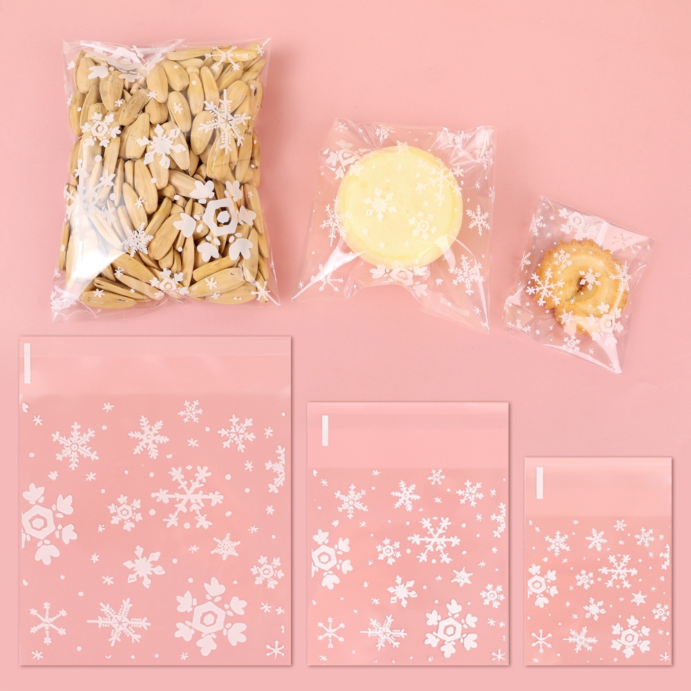 100 Pcs Permen Biskuit Baking Pouch Multi-Spesifikasi Natal Pernikahan Pesta Masa Kini Tas Self-sticky Portable Jewel Toy Storage Bags Tas Kepingan Salju Transparan Tahan Lembab