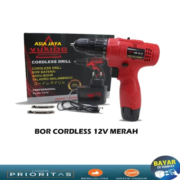 Mesin Bor Baterai Cordless Drill 12V 12S 10Mm Kayu Tembok Besi Jld - YUKIDO J12V 1BT MERAH