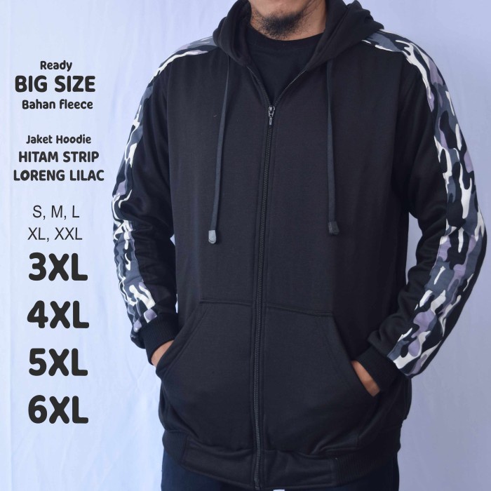 Jaket Hoodie Hitam Strip Loreng Lilac Pria Jumbo Big Size - Hitam, S