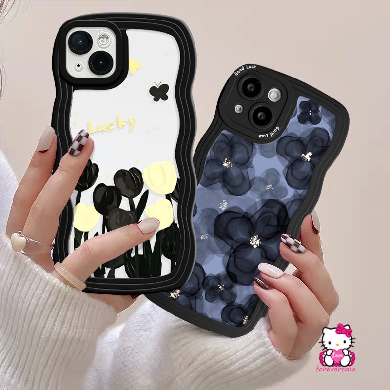 Casing Tpu Lembut Tepi Bergelombang Realme C53 C35 C20 C25 C33 C20A C30 C25Y C21Y C12 C25s C11 C17 C15 C3 5i 9i 8i 9Pro+5 10 9 8 8Pro 7 5s 7i 6i Lukisan Minyak Keberuntungan Tulip Bunga Biru Sarung