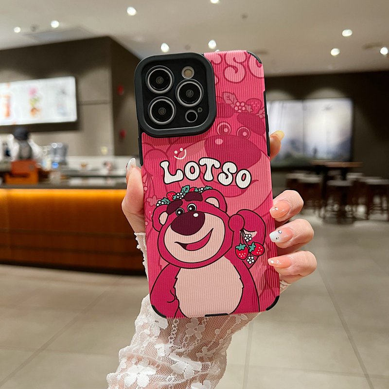 【Lamb Skin】So Cute LOTSO Strawberry Bear Leather Soft Case for IPhone 7 Plus 8 Plus X XS XR XS Max 11 13 12 14 PRO Max 14 Plus for Girl Women's Gift Red