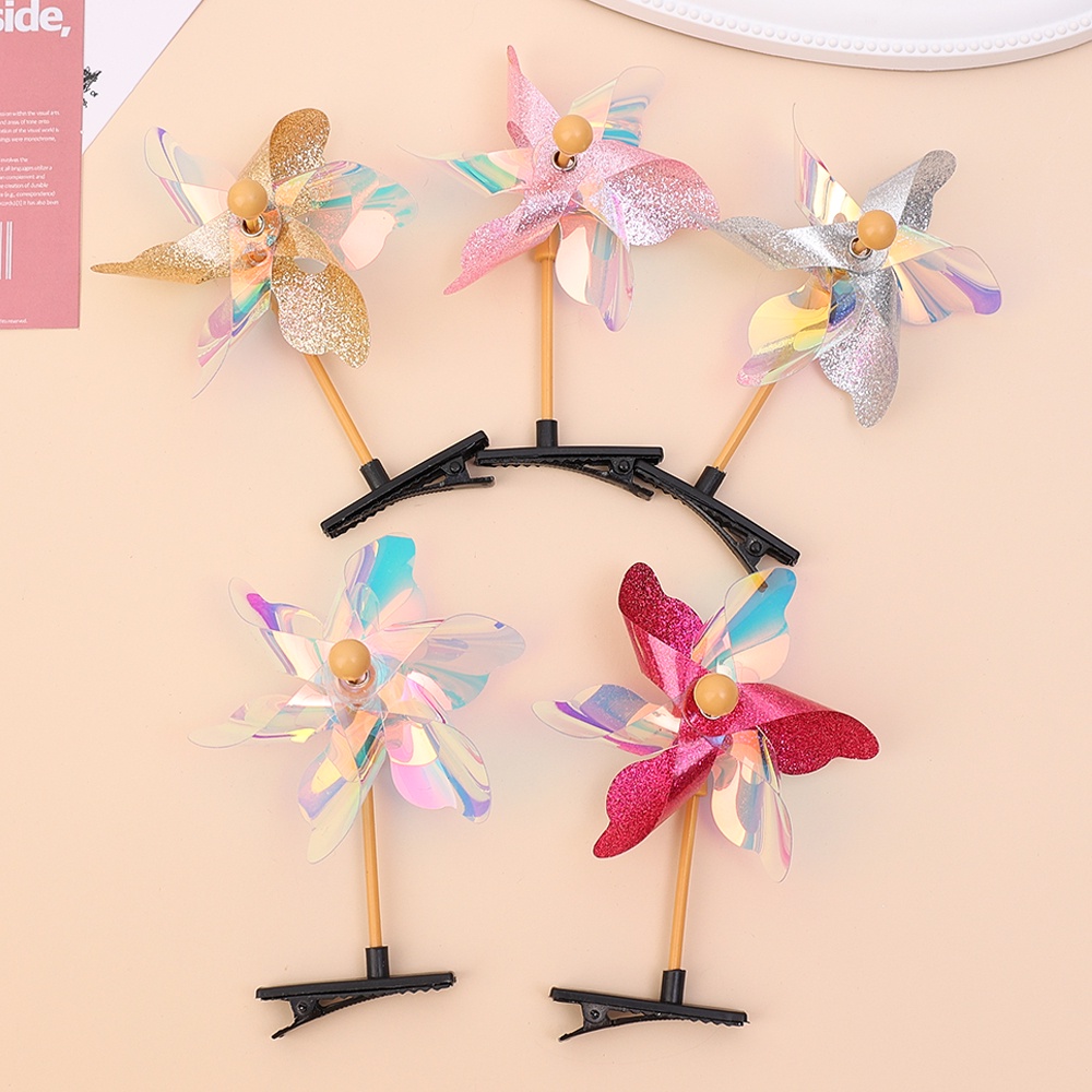 Random 1Pc Anak Laser Sequin Rotary Windmill Hairpin Wind-Mill Mainan Outdoor Windmill Hair Clip Gadis Lucu Kreatif Mini Kecil Kincir Angin Aksesoris Rambut Anak Warna-Warni