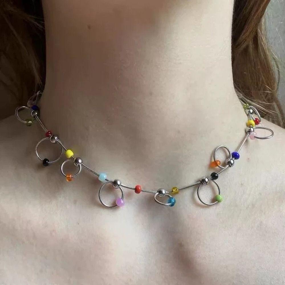 Mxbeauty Wanita Bohemian Kalung Trendi Pesona Rantai Klavikula Manik-Manik Warna-Warni Niche Desain Sederhana Y2K Gadis Choker
