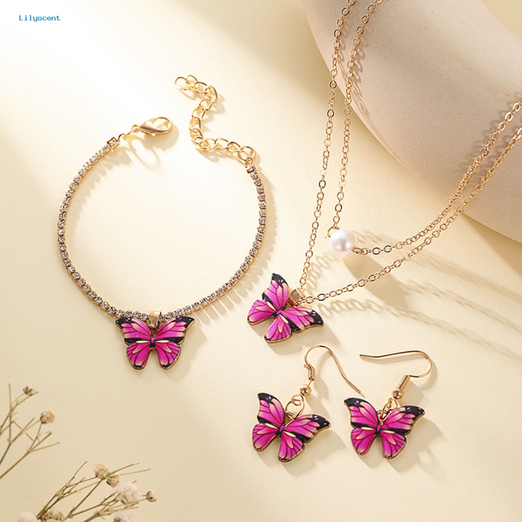 Lilyscent 3 Pcs/Set Mudah Cocok Kupu-Kupu Set Perhiasan Wanita Aksesori Kalung Menjuntai Anting Gelang Set High Gloss