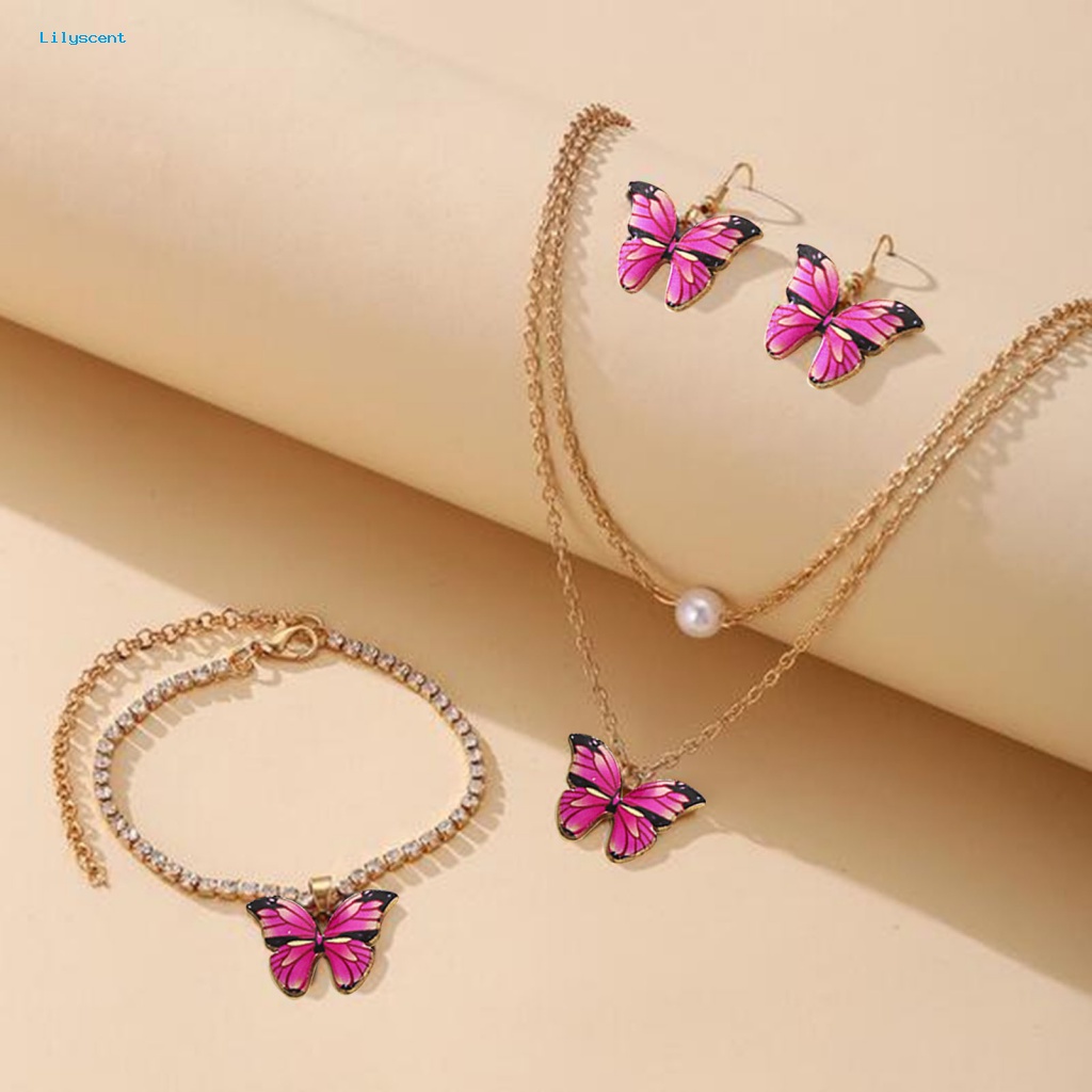 Lilyscent 3 Pcs/Set Mudah Cocok Kupu-Kupu Set Perhiasan Wanita Aksesori Kalung Menjuntai Anting Gelang Set High Gloss