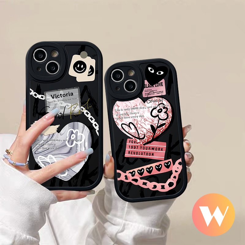 IPHONE Trendy Merek Comme des Garcons Ins Graffiti Cinta Hati Case Kompatibel Untuk Iphone7-6 6s 8plus 11 XR X XS Max13 12 14 Pro Max SE 2020 Smile Label Lembut Tpu Cover