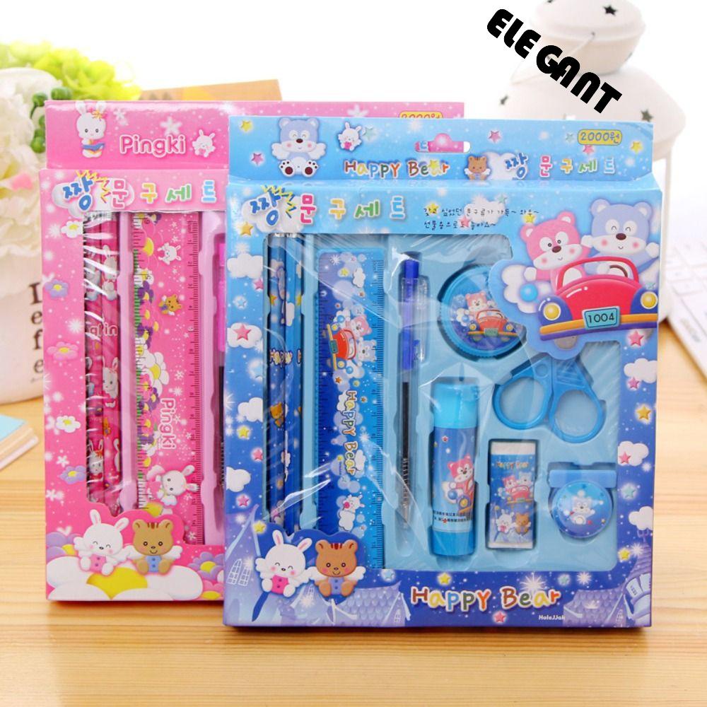 [Elegan] Set Penggaris Penghapus Pensil Kartun 9 Pcs/set Hadiah Liburan Perlengkapan Sekolah Anak-Anak Murid Sd Hadiah Anak Sekolah