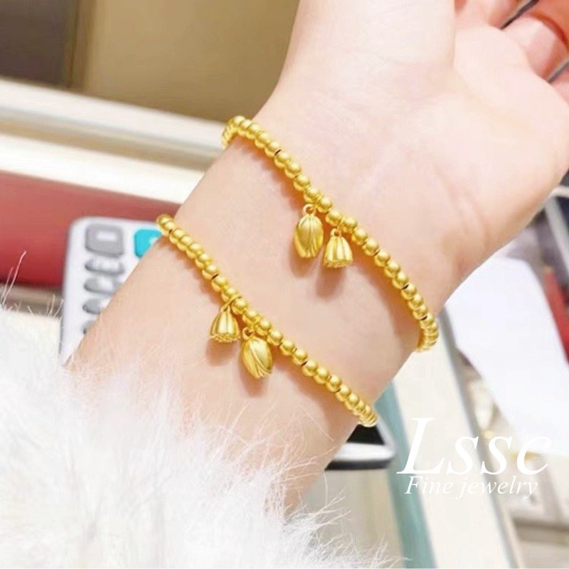 Gelang Titanium Wanita Anti Karat Emas 18K Manik Biji Teratai Keberuntungan Cantik Korea Aksesoris Perhiasan