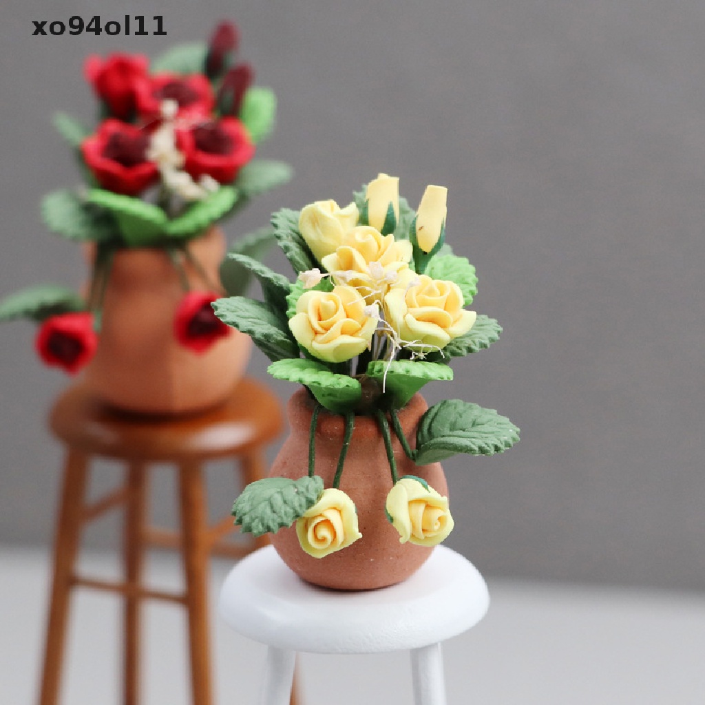 Xo 1: 12rumah Boneka Miniatur Mawar Bunga Flowers Pot Model Taman Dekorasi Mainan Aksesoris Rumah Boneka OL