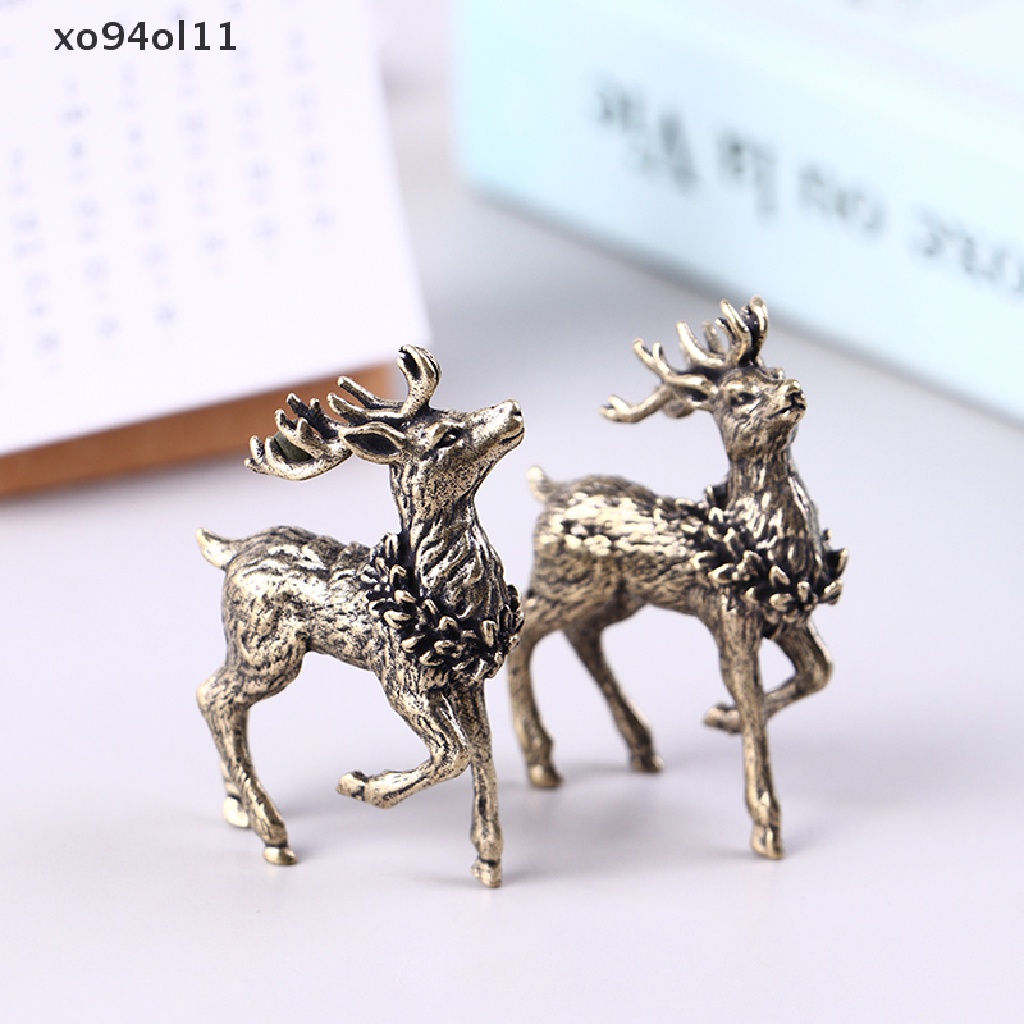 Xo 2PCS Ornamen Patung Rusa Tembaga Murni Patung Miniatur Rusa Kuningan Solid OL