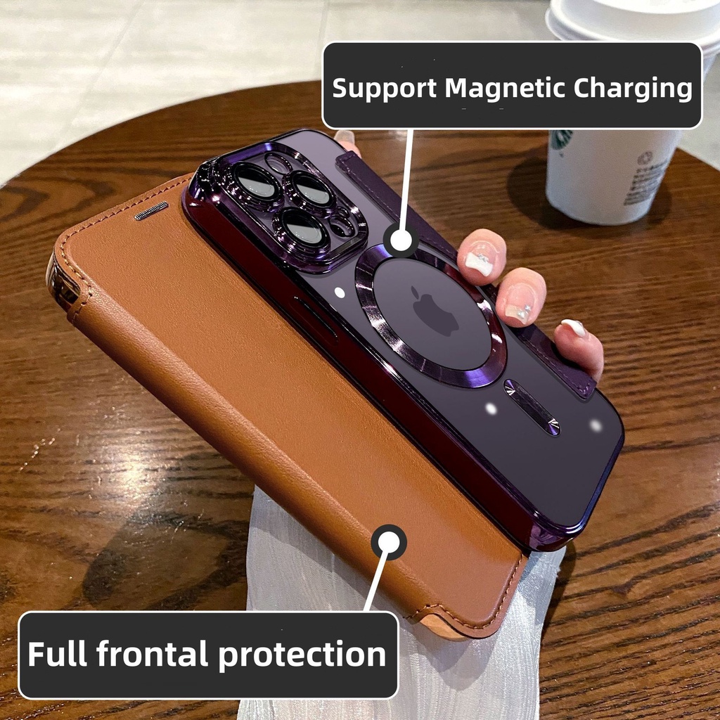 Premium Leather Card Holder Metal Magnet Ring iPhone 14 Pro Max case iPhone 13 11 12 Pro Max14 plus Pelindung Kamera Promax Casing Lensa Mewah Transparan Lapisan shock