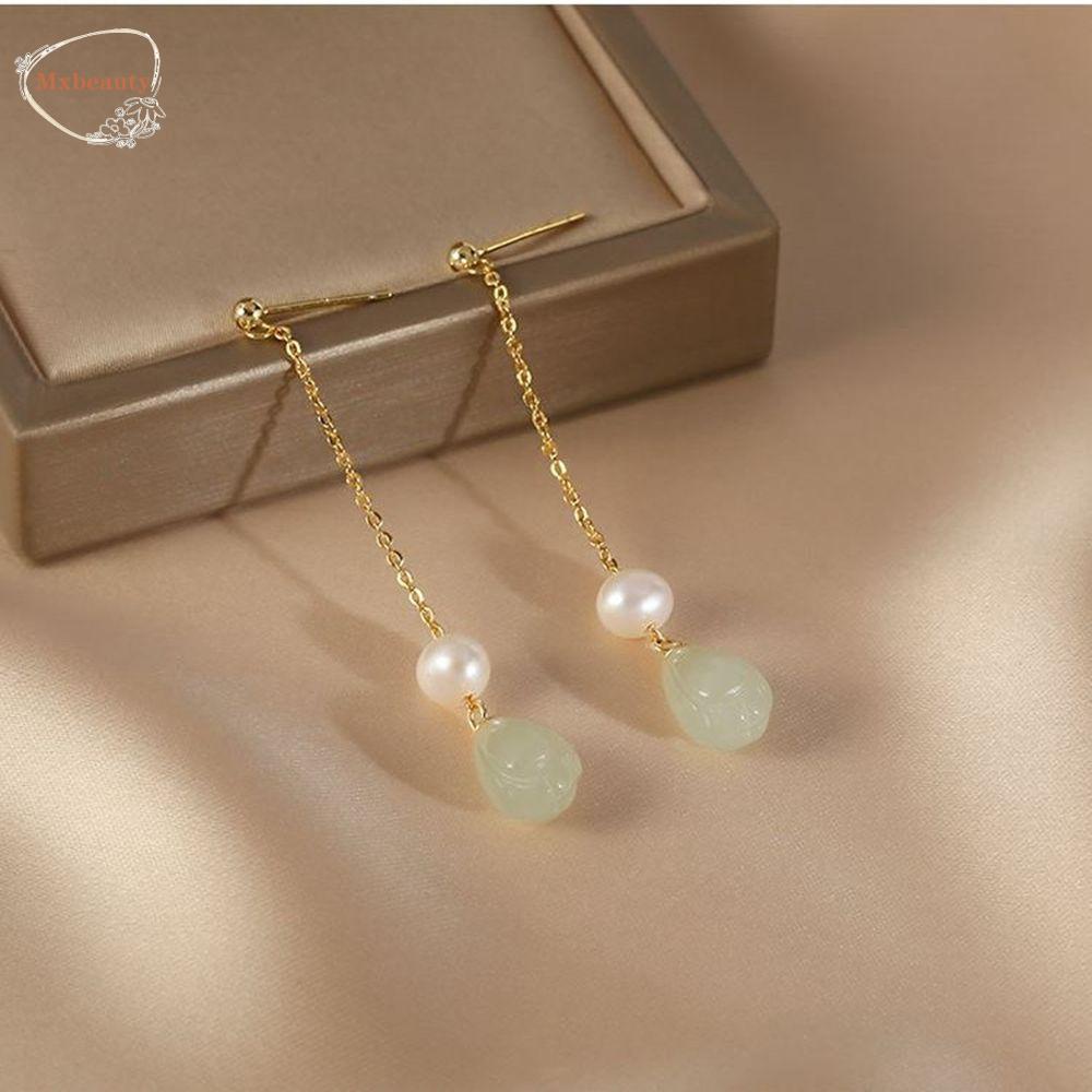 Mxbeauty Anting Perempuan Elegan Fashion Vintage Mutiara Geometri Kuno Bulat Panjang Menjuntai Anting Gaya Cina Ear Drop